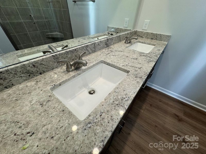 Primary Bathroom Double Sinks with Granite Countertop and Square undermount sinks Primary Bathroom Double Sinks with Granite Countertop and Square undermount sinks