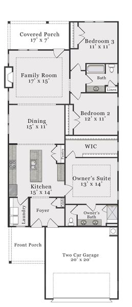 2D floor plan layout for the Elm by McKee Homes in Coastal Haven, Leland, NC (Image 5).