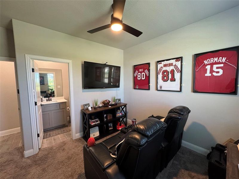 Cinema room featuring carpet and a ceiling fan Cinema room featuring carpet and a ceiling fan