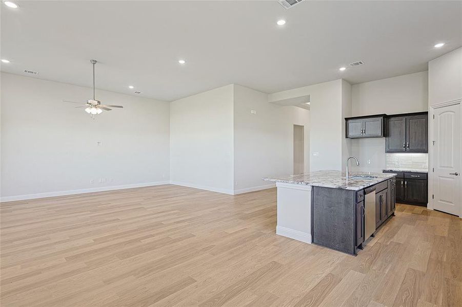 Kitchen with light stone countertops, ceiling fan, a kitchen island with sink, sink, and light hardwood / wood-style floors