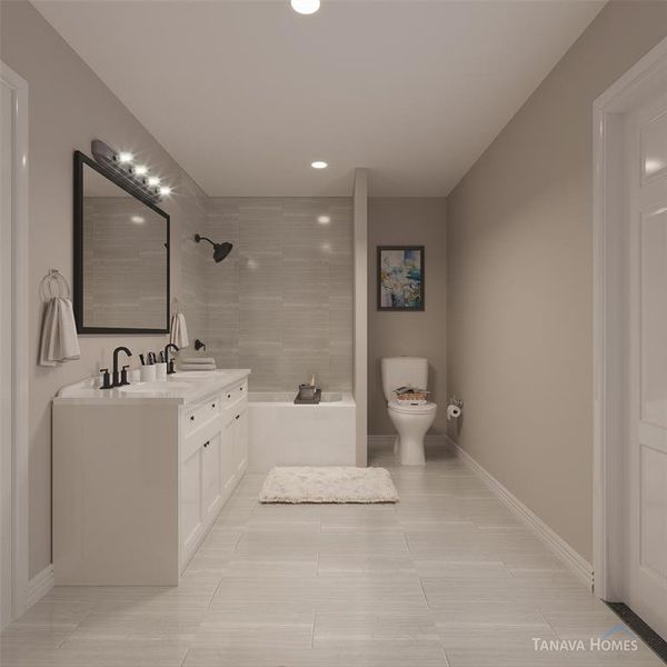 Another view of the primary bathroom. Example photo, virtually staged