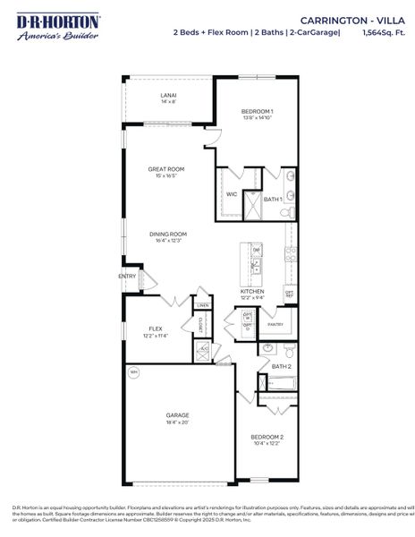 2D floor plan layout for the Carrington by D.R. Horton in Halifax Plantation Villas, Ormond Beach, FL (Image 2). 2D floor plan layout for the Carrington by D.R. Horton in Halifax Plantation Villas, Ormond Beach, FL (Image 2).