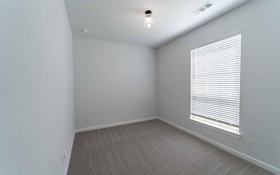 Neutral-toned room featuring light gray walls, dark gray patterned carpeting, a single window with white blinds, white baseboards, and a ceiling-mounted light fixture Neutral-toned room featuring light gray walls, dark gray patterned carpeting, a single window with white blinds, white baseboards, and a ceiling-mounted light fixture