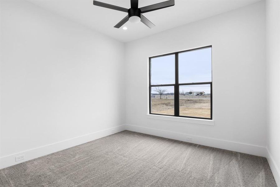 Unfurnished room featuring ceiling fan and carpet floors