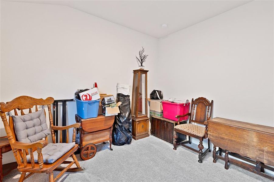 Living area featuring vaulted ceiling and carpet