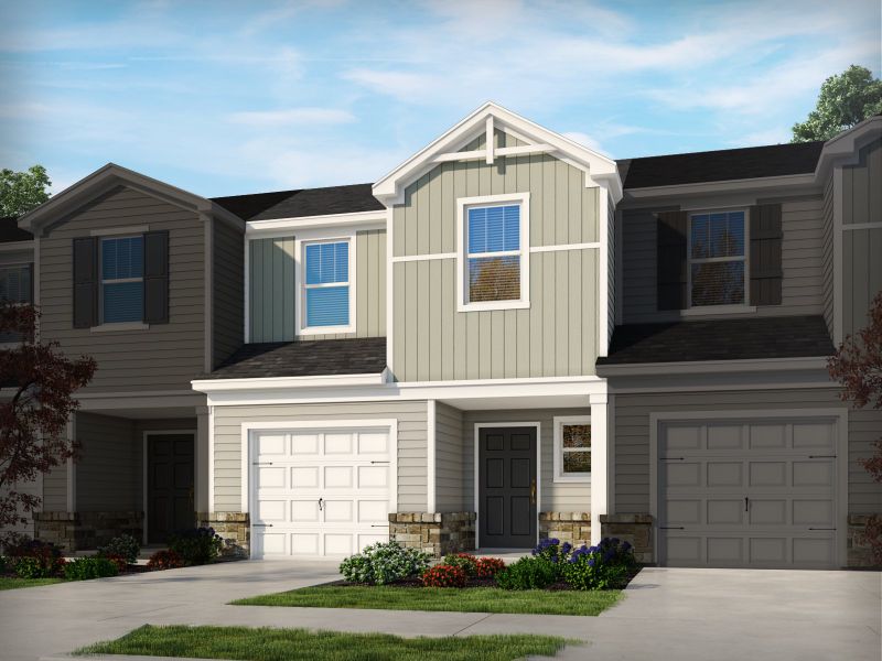 Front exterior of a new home in Northbrook Village Townes, Taylors, SC, highlighting curb appeal (Image 1). Front exterior of a new home in Northbrook Village Townes, Taylors, SC, highlighting curb appeal (Image 1).