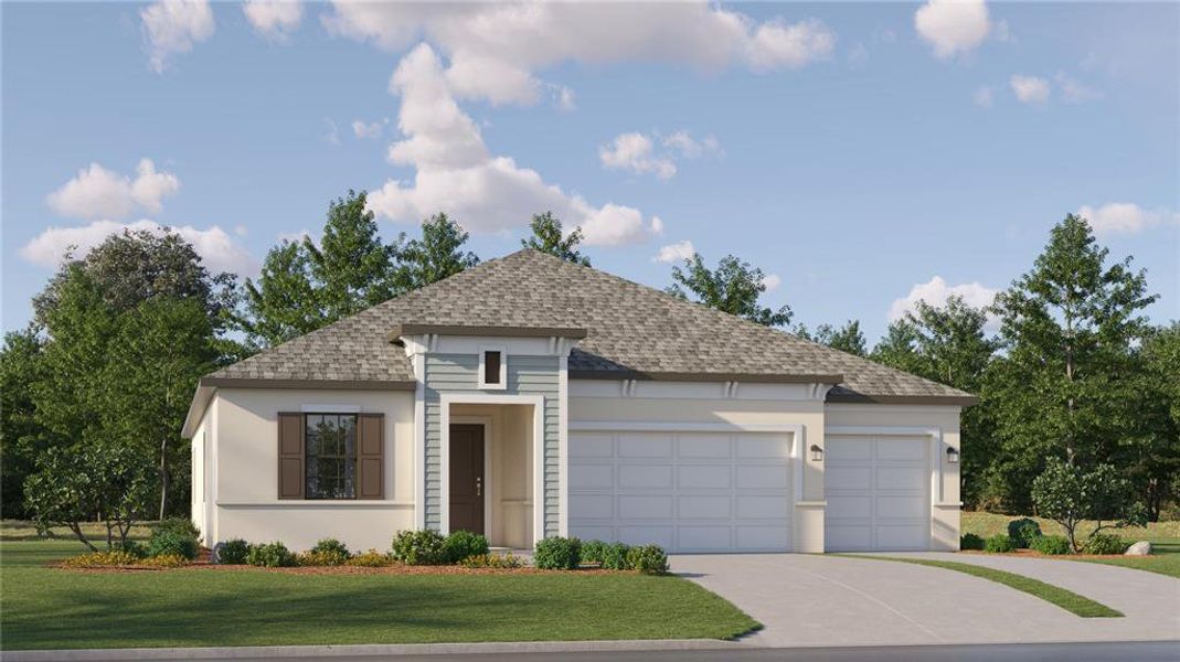 Front exterior of a new home in Two Rivers, Zephyrhills, FL, highlighting curb appeal (Image 1). Front exterior of a new home in Two Rivers, Zephyrhills, FL, highlighting curb appeal (Image 1).