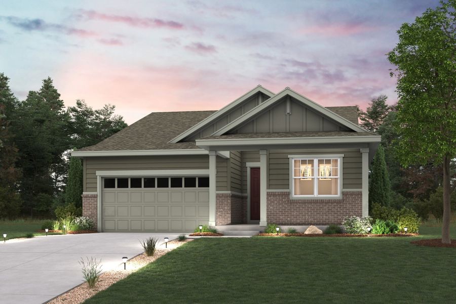 A house with a driveway and a lawn with trees and a cloudy sky. Elevation C Rendering with landscaping A house with a driveway and a lawn with trees and a cloudy sky. Elevation C Rendering with landscaping