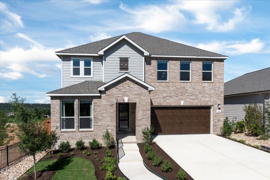 Representative exterior photo of a completed home built from the 2429 by KB Home in River Bluff, Leander, TX (Image 1). Representative exterior photo of a completed home built from the 2429 by KB Home in River Bluff, Leander, TX (Image 1).