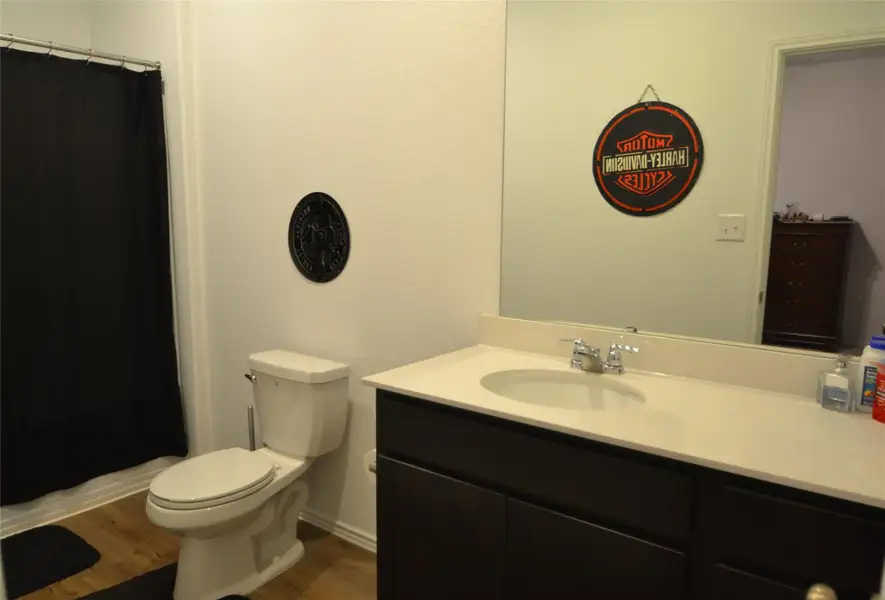 Bathroom featuring vanity, dark wood-style floors, and curtained shower
