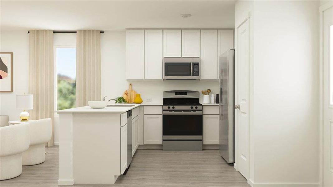 Kitchen featuring white cabinetry, sink, light hardwood / wood-style flooring, kitchen peninsula, and appliances with stainless steel finishes