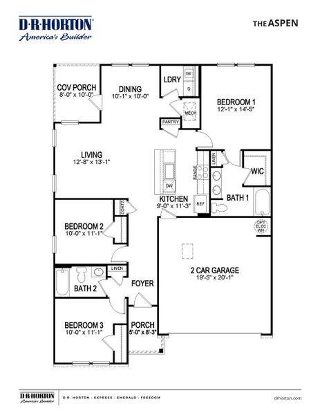 2D floor plan layout for the ASPEN by D.R. Horton in Huntington Estates, Millington, TN (Image 3).