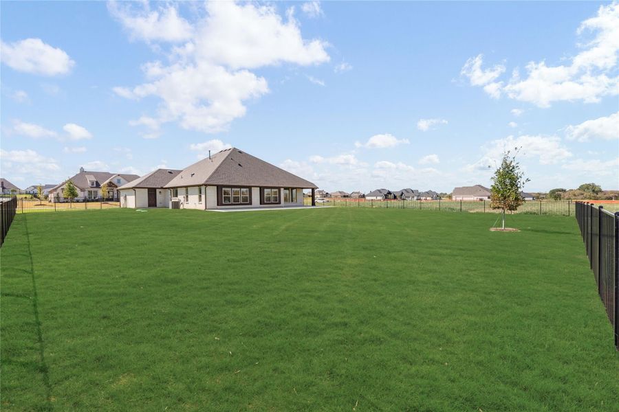 Large backyard with green lawn, black metal fence, and single-story home with hip roof in background