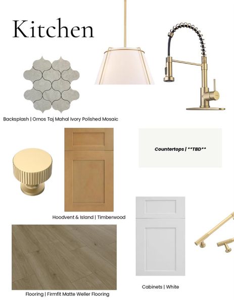 Planned kitchen selections featuring Taj Duana quartz countertops, coordinated cabinetry, fixtures, hardware, and warm neutral finishes.