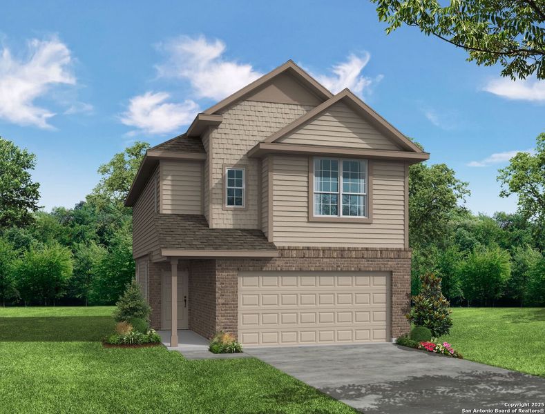 Front exterior of a new home in Blue Ridge Ranch, San Antonio, TX, highlighting curb appeal (Image 2). Front exterior of a new home in Blue Ridge Ranch, San Antonio, TX, highlighting curb appeal (Image 2).