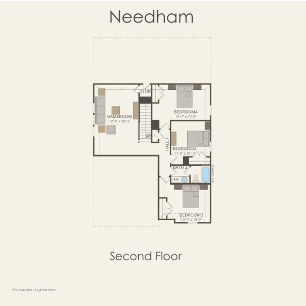 2D floor plan layout for the Needham by Pulte Homes in Kuempel Farms, Pflugerville, TX (Image 3).