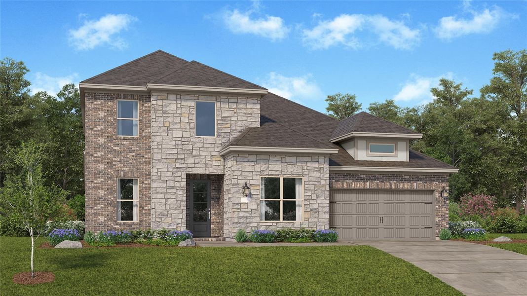 Front exterior of a new home in The Highlands, Porter, TX, highlighting curb appeal (Image 1). Front exterior of a new home in The Highlands, Porter, TX, highlighting curb appeal (Image 1).