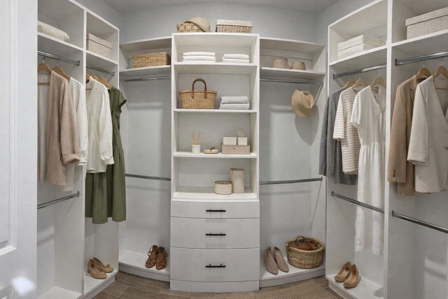 Organized walk-in closet with neutral to Organized walk-in closet with neutral to