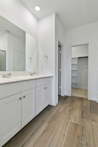 Bathroom featuring wood-type flooring and dual vanity