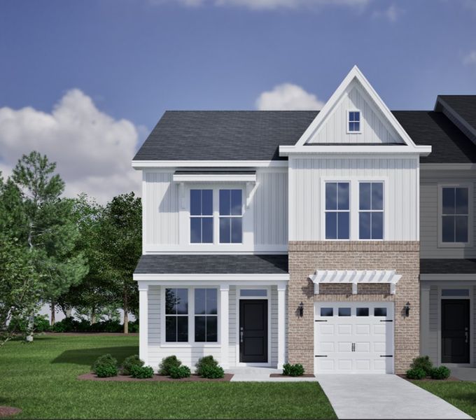 Front exterior of a new home in Ovation at Sweetbrier, Durham, NC, highlighting curb appeal (Image 1). Front exterior of a new home in Ovation at Sweetbrier, Durham, NC, highlighting curb appeal (Image 1).