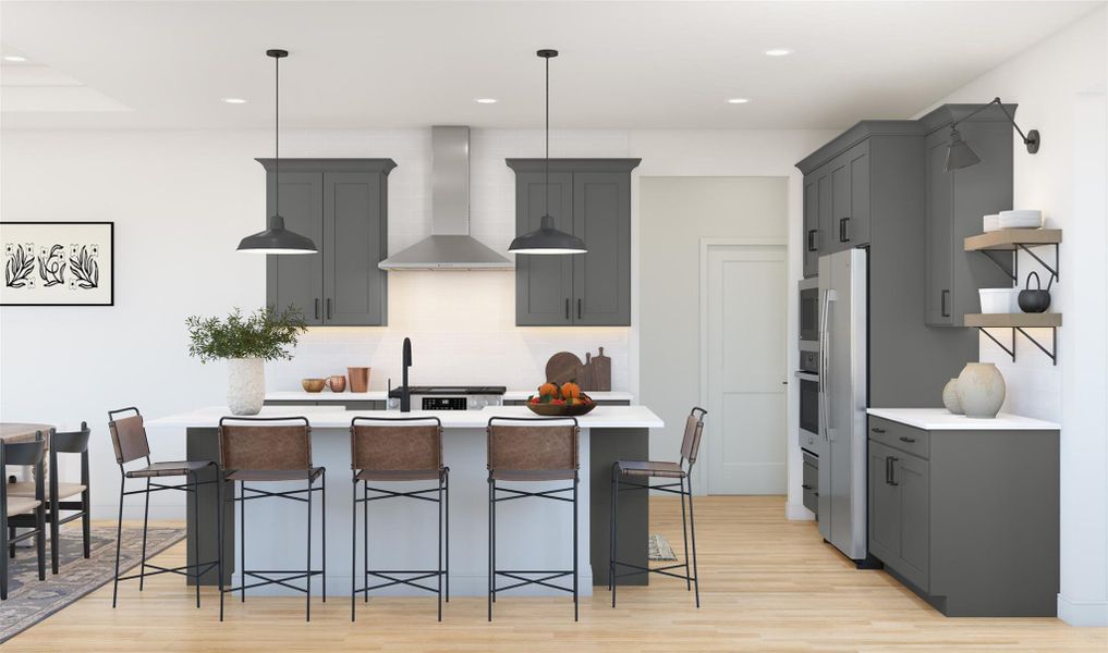 Gourmet island kitchen with grey cabinets (*Artist rendering used for illustration purposes only.)