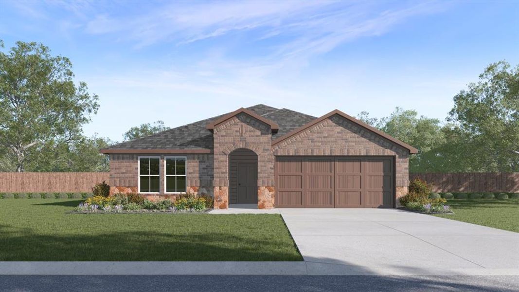 Single-story residence featuring a brick and stone facade, arched entry, and an attached two-car garage Single-story residence featuring a brick and stone facade, arched entry, and an attached two-car garage