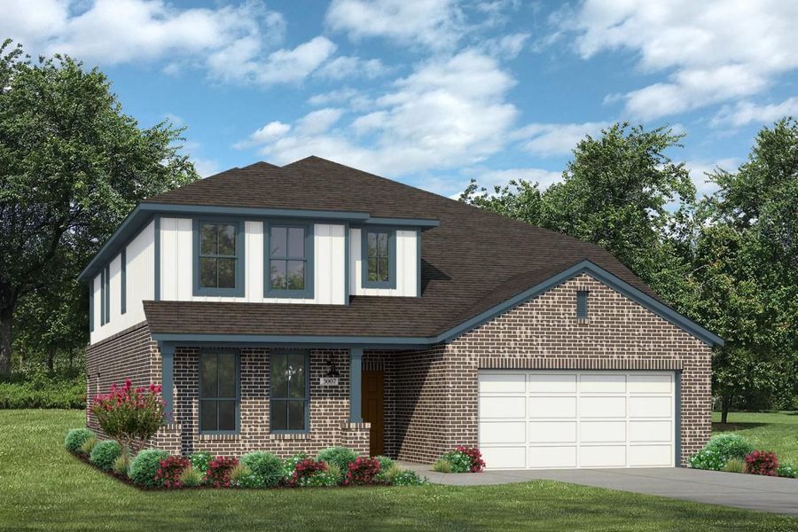 Rendering of two story home with white stucco, siding, and garage, teal accents, with dark brick, driveway, and landscaping Rendering of two story home with white stucco, siding, and garage, teal accents, with dark brick, driveway, and landscaping