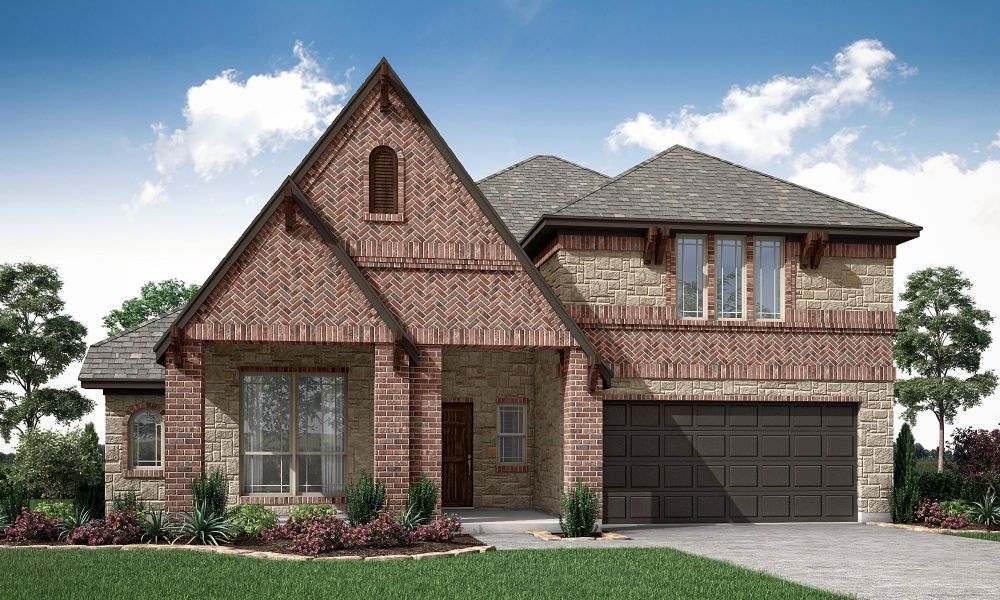Two-story brick and stone home with steep gabled roof, two-car garage, and landscaped front yard, Elevation E.