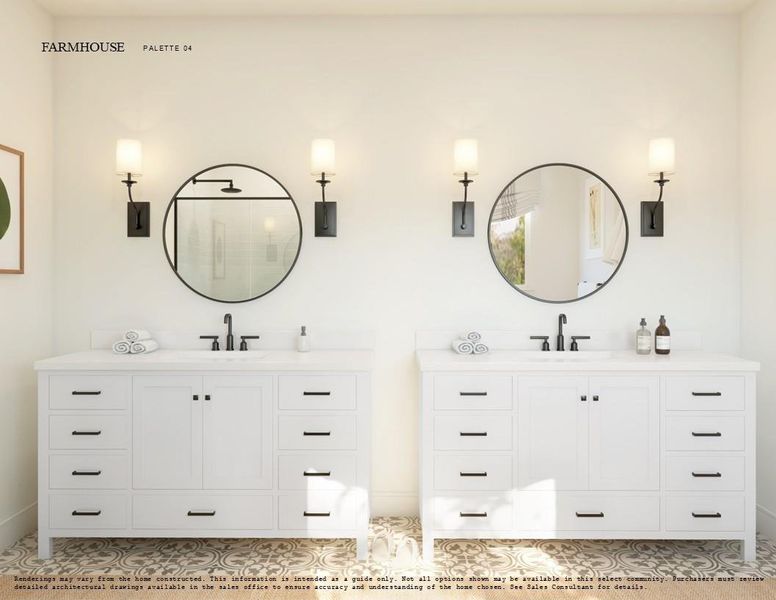 Farmhouse Look Palette 4 Primary Bathroom (*Artist rendering used for illustration purposes only.) Farmhouse Look Palette 4 Primary Bathroom (*Artist rendering used for illustration purposes only.)