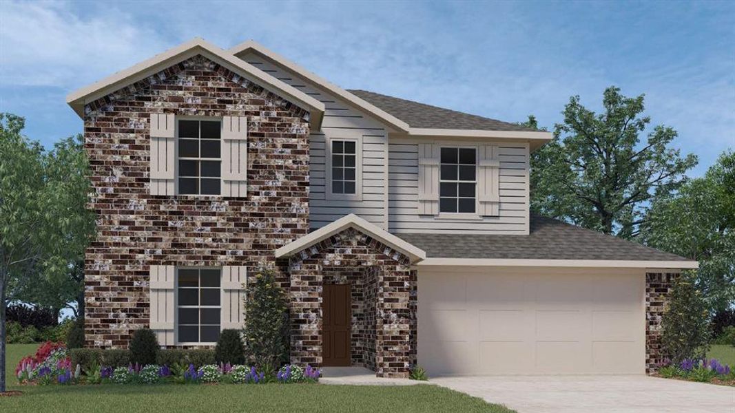 View of front of property with brick siding, a shingled roof, concrete driveway, stone siding, and an attached garage