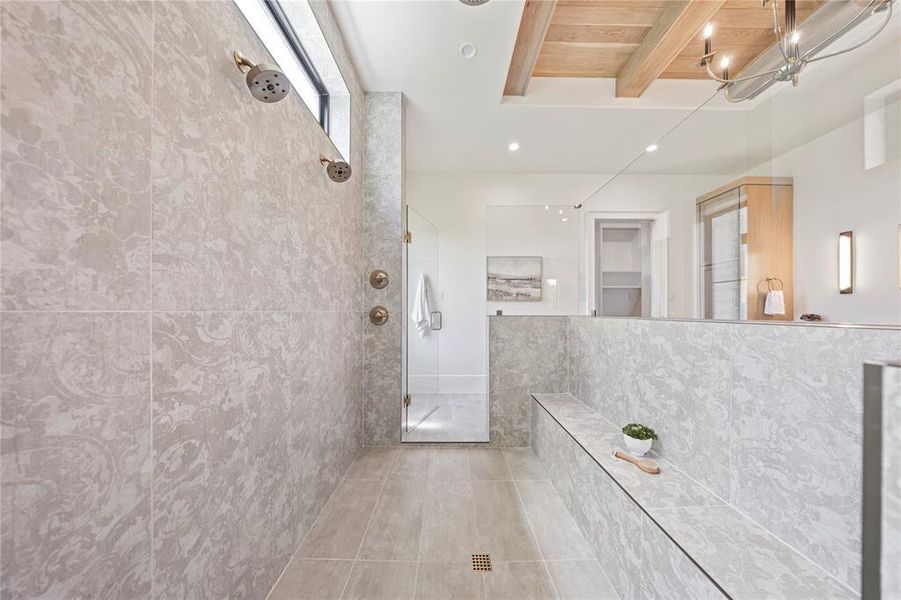 Bathroom with walk in shower, tile walls, light tile patterned flooring, recessed lighting, and wooden ceiling