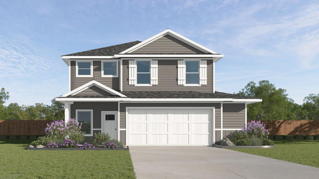 Front exterior of a new home in Paramount, Kyle, TX, highlighting curb appeal (Image 20).