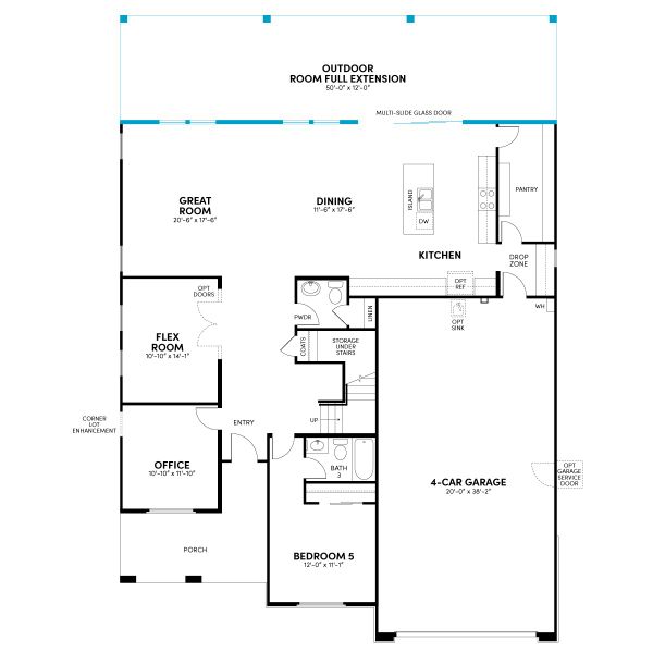 Floor 1: Outdoor Room Full Extension with Sliding Glass Door Option