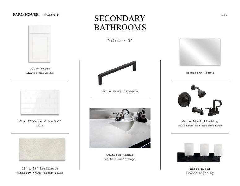 Farmhouse Look Palette 4: Secondary Bathrooms Selection Sheet (*Artist rendering used for illustration purposes only.) Farmhouse Look Palette 4: Secondary Bathrooms Selection Sheet (*Artist rendering used for illustration purposes only.)