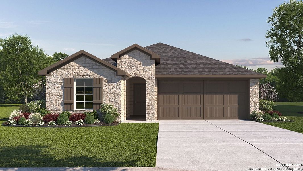 Front exterior of a new home in Brookstone Creek, San Antonio, TX, highlighting curb appeal (Image 1). Front exterior of a new home in Brookstone Creek, San Antonio, TX, highlighting curb appeal (Image 1).