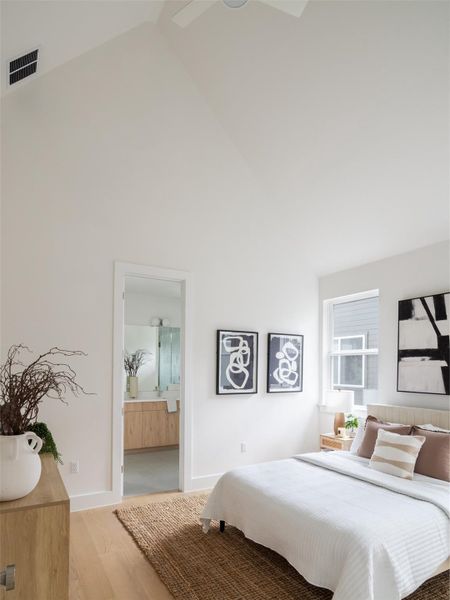 Vaulted ceiling with a flush-mount ceiling fan