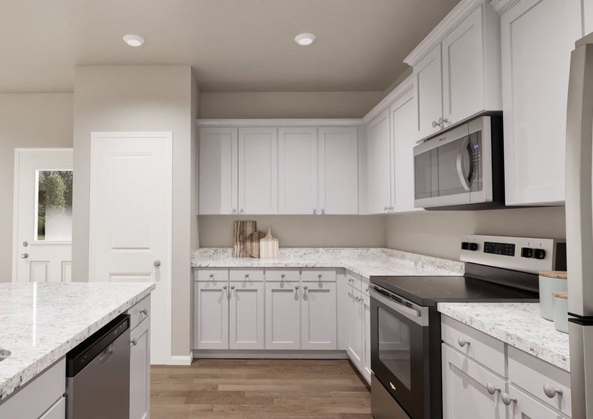 A modern kitchen with white cabinets, granite countertops, and a stainless steel fridge. A modern kitchen with white cabinets, granite countertops, and a stainless steel fridge.