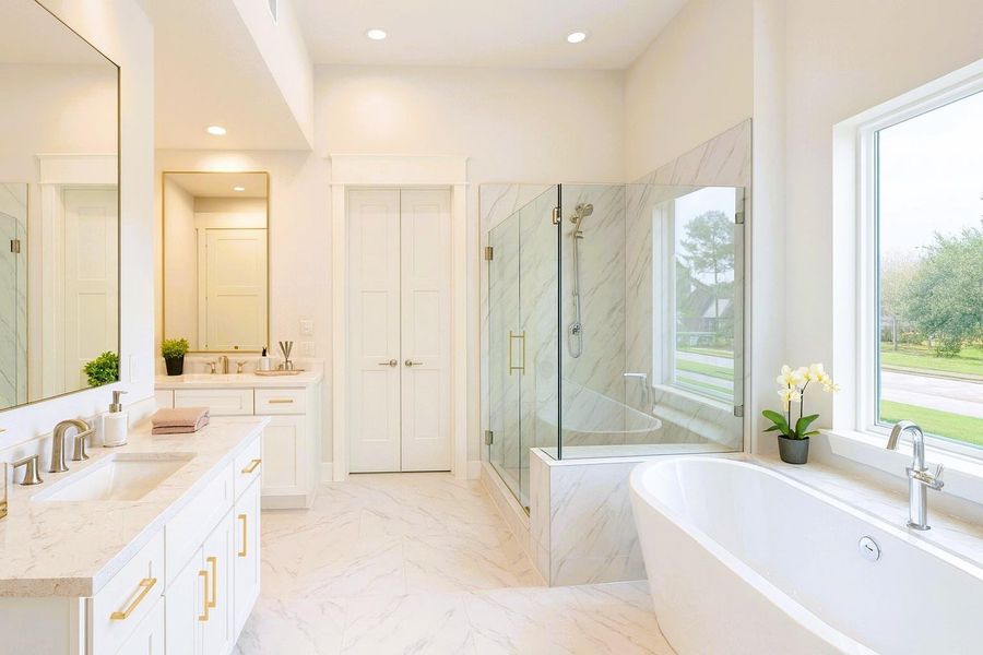Primary Spa has Free Standing Tub, Separate Vanities and Frameless Shower  (pic was virtually staged)