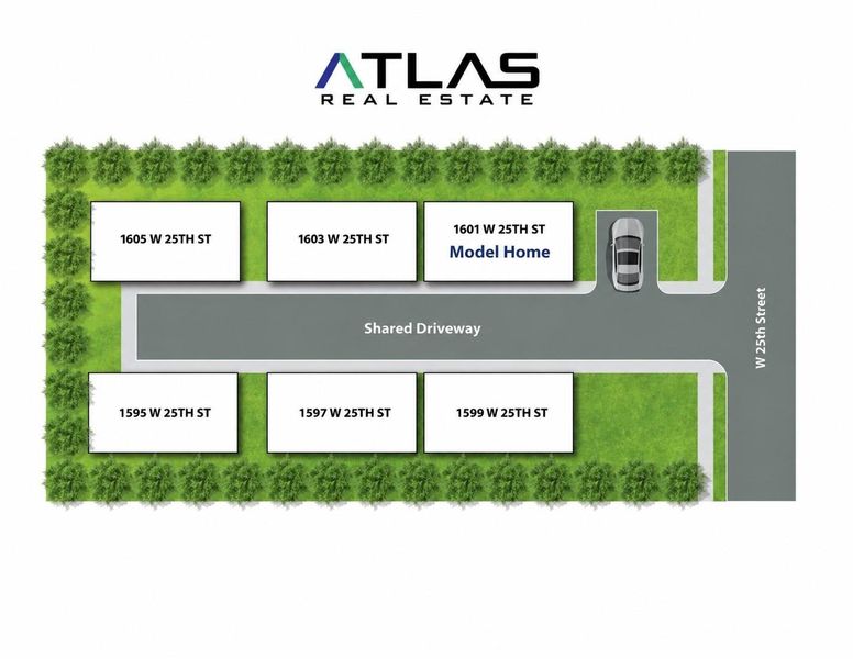 Site plan highlighting 1601 W 25th Street as the Model Home within the six-home development.
