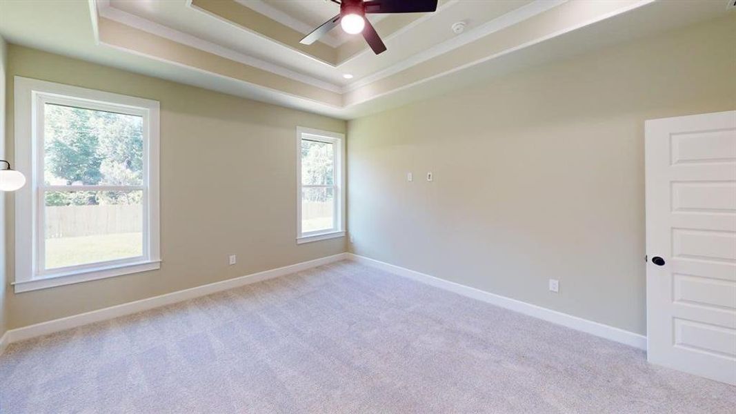 Unfurnished room featuring a tray ceiling, ceiling fan, light colored carpet, baseboards, and ornamental molding