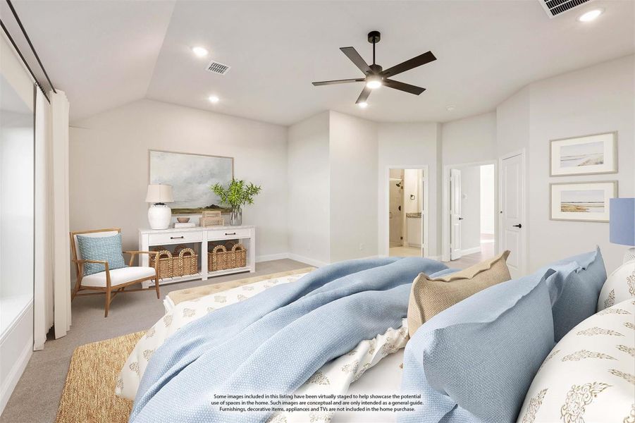 Bedroom with ceiling fan, white dresser, and ensuite bathroom doorway visible in background