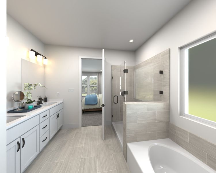 The primary bathroom offers dual vanity sinks and a walk-in shower.