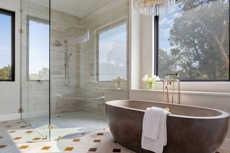 Native Trails Stone Soaking Tub & Brizo Rook Collection in Luxe Gold throughout entire Master Bath: Featuring Tall Vessel Faucets, Tub Filler withCross Handles, Rain Shower, Wall Shower, and Hand Shower