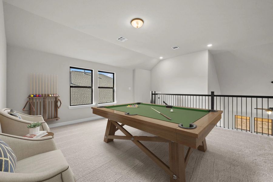 Game room. Note: Sample product photo. Actual exterior and interior selections may vary by homesite. Photo may be virtually staged