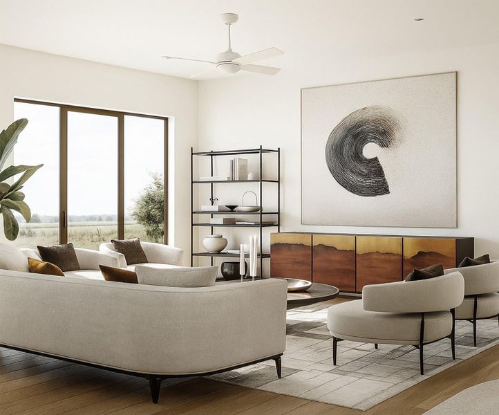 Living area with wood finished floors and ceiling fan Living area with wood finished floors and ceiling fan