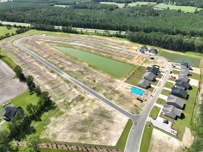 Bird's eye view of a large body of water and a forest