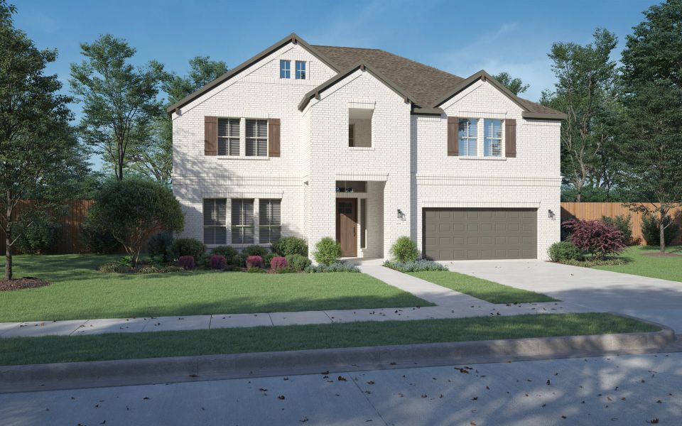 Front exterior of a new home in Painted Tree Lakeside, McKinney, TX, highlighting curb appeal (Image 2). Front exterior of a new home in Painted Tree Lakeside, McKinney, TX, highlighting curb appeal (Image 2).