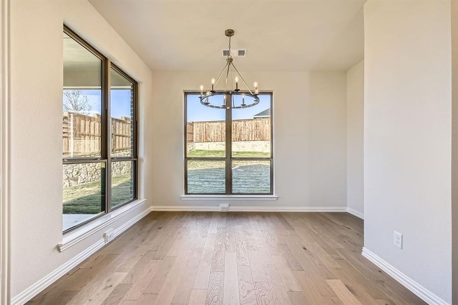 Unfurnished dining area with a chandelier, light hardwood / wood-style flooring, and a healthy amount of sunlight