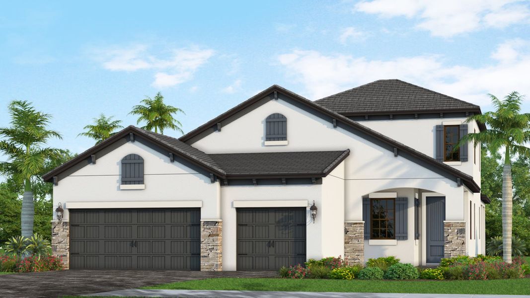 Front exterior of a new home in Vistera of Venice Real Estate and Homes for Sale in Venice, FL - Neal Communities, Nokomis, FL, highlighting curb appeal (Image 2).