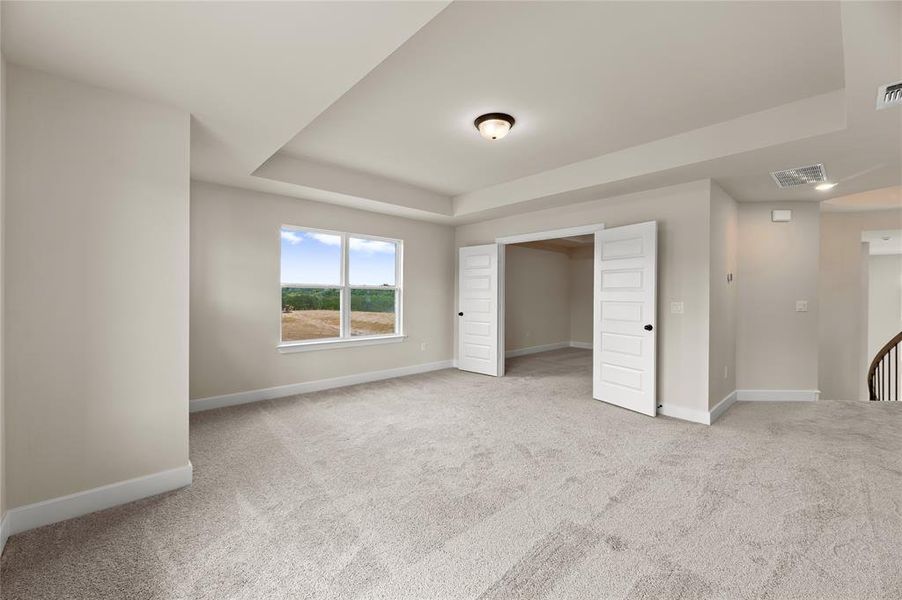 Unfurnished bedroom with a raised ceiling and light colored carpet